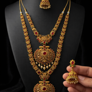 Antique Long Haram & Short Necklace with Matching Jhumka Earrings For Women