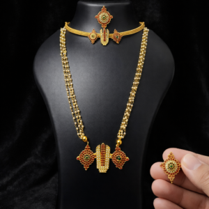 Long Haram & Choker Necklace with Matching Stud Earrings – Featuring Shanku Chakra Namam Design with Red & Green Kemp Stones and Pearl Beads