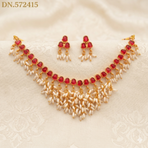South Indian Kemp Stone Pearl Drop Necklace Set – Traditional Temple Style Choker Jewellery (3 Colour Variations)