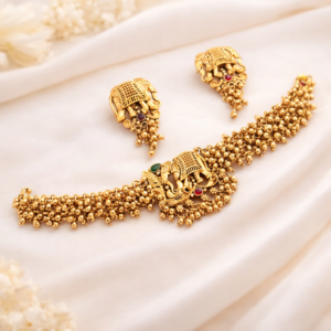 South Indian Elephant Temple Choker Necklace Set – Red / Gold / Green / White Bead Bridal Jewellery