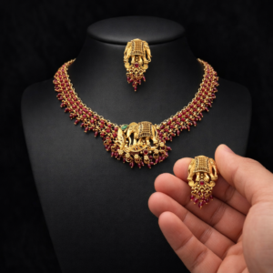 South Indian Temple Elephant Necklace Set for Women – Matte Finish Bridal Choker with Earrings