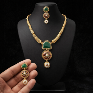 Matte Finish Traditional Necklace Set with Kundan Pendant & Earrings