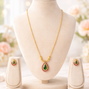 Traditional Chain Pendant Set with Green Teardrop Stone & Ruby Kemp Stone Design | Elegant Ethnic Necklace with Matching Stud Earrings