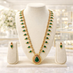 Traditional South Indian Kemp Stone Necklace Set with Green Teardrop Pendant & Matching Earrings | Temple Style Long Haram Jewellery for Women