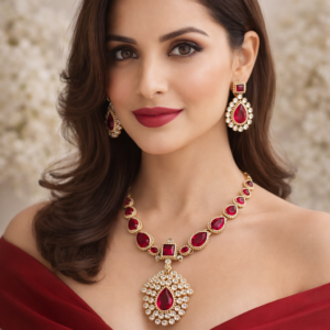 Traditional Indian Kundan Jewellery Set with Teardrop Pendant – Wedding, Party & Festive Wear (Green / White / Ruby Red)