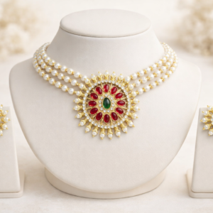 Traditional 3 Line Pearl Kundan Choker Necklace Set for Women | Red & Green Stone Choker with Stud Earrings