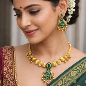 South Indian Matte Finish Gold Plated Necklace Set with Earrings | Traditional Temple Style Jewellery Set for Women