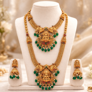 South Indian Temple Jewellery Lakshmi Long Haram & Short Necklace Set with Jhumka Earrings – Matte Gold Polish Bridal Necklace Set for Women (Green Beads / Gold Beads)