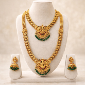 Temple Jewellery Long Haram & Choker Necklace Set with Lakshmi Pendant & Jhumka Earrings