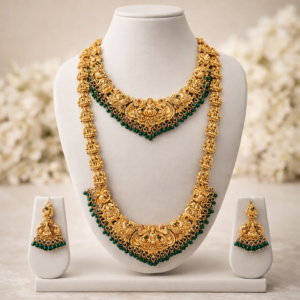 Traditional Matte Gold Finish Bridal Haram & Choker Combo Set (Red/Green/White Pearl)