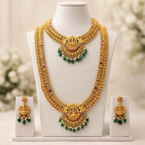 South Indian Temple Jewellery Lakshmi Long Haram & Choker Necklace Set with Green Beads