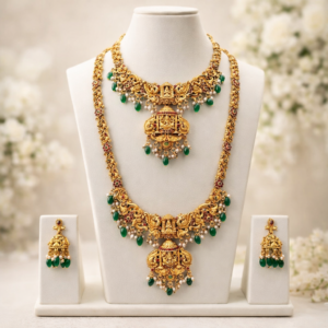 Traditional Temple Design Gold Polish Long & Short Necklace Combo Set with Lakshmi Pendant and Jhumka Earrings for Women & Brides