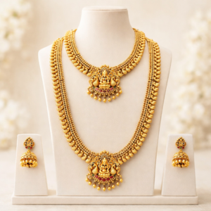 South Indian Temple Jewellery Lakshmi Long Haram & Short Necklace Set with Jhumka Earrings | Traditional Antique Matte Gold Finish Bridal Jewellery Set for Women