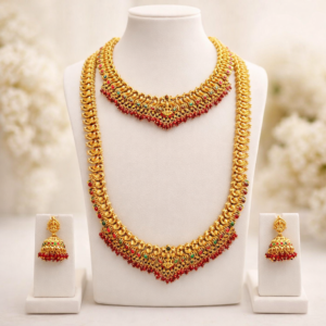 South Indian Temple Jewellery Long Haram & Short Necklace Set with Jhumka Earrings – Matte Gold Finish Traditional Bridal Jewellery Set for Women (Red, Green, Gold, White)