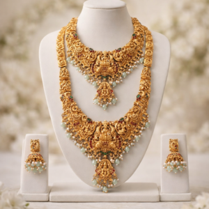 Temple Design Lakshmi Gold Polish Long Necklace and Choker Set with Jhumka Earrings | South Indian Bridal Jewellery Set