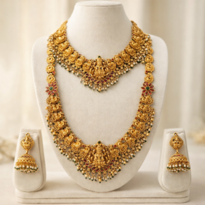 Designer Temple Lakshmi Bridal Jewellery Set | Long Haram Necklace, Choker and Jhumka Earrings | Matte Gold Traditional Set