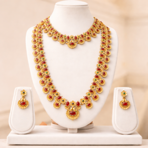 South Indian Temple Jewellery Long Haram Necklace Set with Red Kemp Stones & Matching Earrings