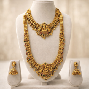 South Indian Temple Jewellery Lakshmi Long Haram & Short Necklace Set with Jhumka Earrings