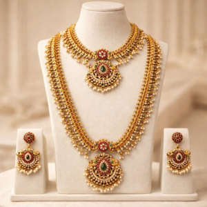 Traditional Matte Polish Short & Long Haram Combo with Earrings | Red Green Stone Temple Design Wedding Jewellery Set