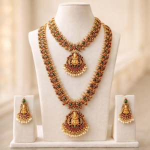 Antique Matte Gold Finish Combo Necklace Set | Green Kemp Stone Bridal Necklace Set for Women