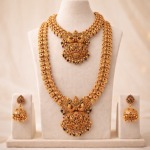 South Indian Temple Jewellery Long Haram & Choker Necklace Set with Jhumka Earrings| Kemp Stone Peacock Pendant Wedding Jewellery