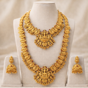 Lakshmi Pendant Temple Jewellery Long Necklace Set with Choker and Jhumka | South Indian Bridal Antique Gold Polish Set