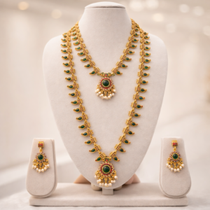 South Indian Temple Style Long Haram Necklace Set with Green Kemp Stone Pendant & Matching Earrings | Antique Matte Gold Bridal Jewellery Set for Women