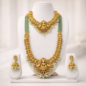 Traditional Lakshmi Temple Jewellery Long & Short Necklace Combo Set with Green Beads and Jhumka Earrings for Bridal & Festive Wear