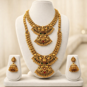 South Indian Temple Jewellery Long Haram & Short Necklace Set with Lakshmi Pendant and Jhumka Earrings | Traditional Matte Gold Finish Bridal Jewellery Combo for Women