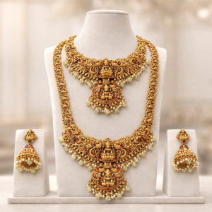 Designer South Indian Temple Haram Necklace Set with Matching Jhumka | Antique Gold Traditional Wedding Jewellery for Women & Brides