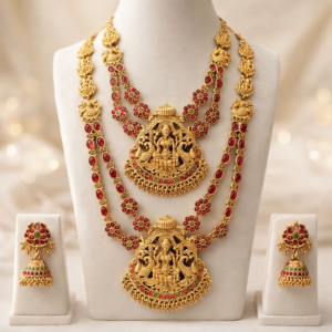Traditional Matte Gold Finish Bridal Necklace Combo with Red Kemp Stones for Wedding & Festival Wear