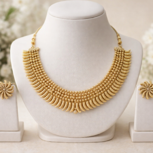 Traditional Matte Gold Polish Choker Necklace Set with Floral Stud Earrings for Women