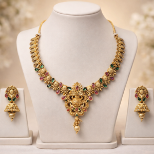 South Indian Temple Jewellery Matte Gold Polish Necklace Set with Red & Green Kemp Stones and Jhumka Earrings