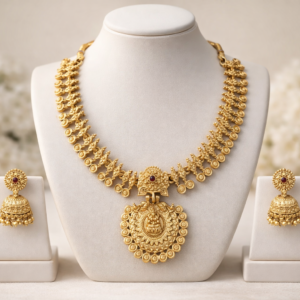 South Indian Temple Jewellery Matte Gold Lakshmi Pendant Necklace Set with Jhumka Earrings