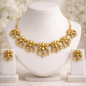 South Indian Matte Finish Matte Gold Finish Floral Necklace Set with Pearl Drops for Women