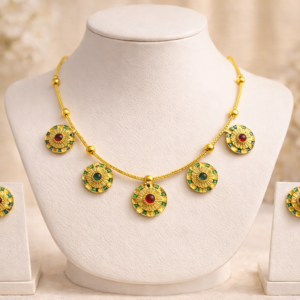 South Indian Matte Gold Polish Traditional Necklace Set with Green & Red Stones | Temple Style Round Pendant Necklace with Matching Earrings