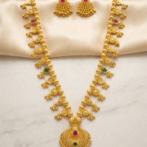 Traditional Kolhapuri Saaj Gold-Plated Necklace Set for Women | Handcrafted Maharashtrian Bridal Jewellery with Ruby & Emerald Stones and Matching Earrings