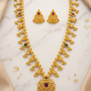 Traditional Gold-Plated Kolhapuri Saaj Necklace Set for Women | Handcrafted Maharashtrian Long Necklace with Matching Earrings