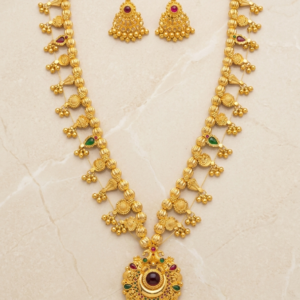 Traditional Kolhapuri Saaj Gold-Plated Long Necklace Set with Matching Stud Earrings | Maharashtrian Temple Jewelry for Women