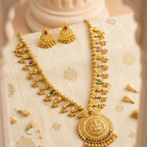 Traditional Gold Plated Kolhapuri Saaj Necklace Set with Temple Design Pendant and Matching Earrings for Women