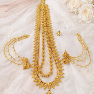 Traditional Maharashtrian Bridal Jewellery Set | Gold Plated Royal Ethnic Necklace (Mohan Mala Style) with Matching Jhumka Earrings and Ear Chains (Kaan Chain) for Wedding/Festive Wear