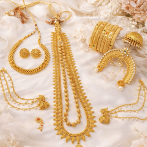 8-Piece Maharashtrian Bridal Jewellery Set | Gold-Plated Long Necklace, Mohan Mala (Ball Mala), Thushi Choker, Studs with Ear Chains, Brahmani Nath, Bangles, and Ambada Pin | Complete Traditional Marathi Shringar