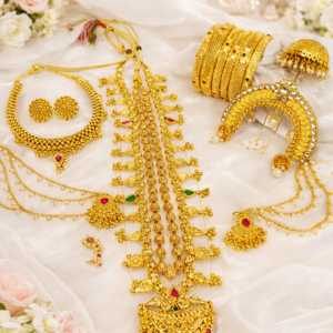 Traditional Maharashtrian Bridal Jewellery Set for Women – Long Saaj Necklace, Ball Mala, Thushi Choker, 2 Pair Earrings, Ear Chain, Nath, Bangles, Umbodal Pin | Temple Style Wedding Jewellery Set