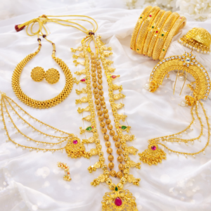 Maharashtrian Bridal Jewellery Set for Women – Traditional Long Saaj Necklace, Thushi Choker, Ball Mala, Bangles, Nath, Ear Chain, 2 Pair Tops & Umbodal Pin | Temple Style Gold Plated Wedding Jewellery Combo