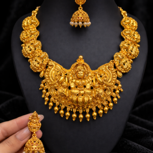 Handcrafted Matte Finish Goddess Lakshmi Choker Necklace Set with Matching Jhumka Earrings – Traditional Temple Jewelry for Women and Girls