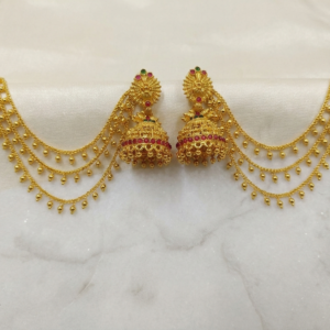 Elegant Matte Finish Jhumka Earrings with Traditional Triple-Layered Sahare Ear Chains (Mattal) – Ruby & Emerald Accents