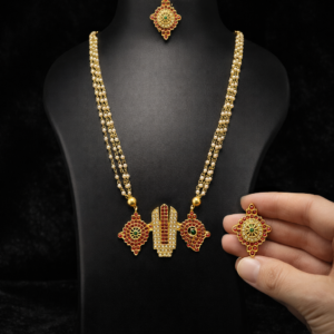 Traditional South Indian Temple Jewelry Set - Pearl Long Haram Necklace with Shanku Chakra Namam Pendant and Matching Earrings for Women & Girls