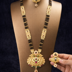 Traditional Rajwadi Gold-Plated Long Mangalsutra Set with Matching Earrings – Elegant Ethnic Black Bead Necklace for Weddings & Special Occasions