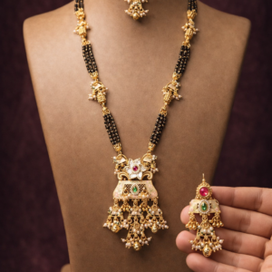 Traditional Rajwadi Gold-Plated Mangalsutra Set with Floral Pendant, Multicolored Stones, and Matching Earrings – Elegant Ethnic Jewelry for Women