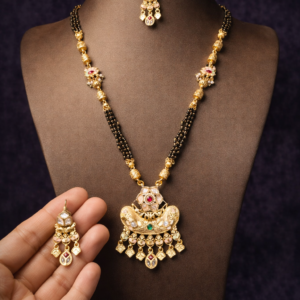 Royal Rajwadi Gold-Plated Long Mangalsutra Set for Women – Traditional Kundan & Meenakari Pendant with Triple-Layered Black Bead Chain and Matching Earrings